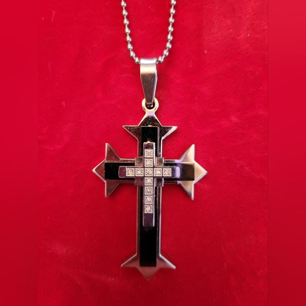 Black and Silver Stainless Steel Cross Pendant Necklace